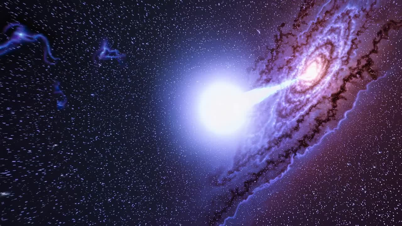 Una scena video cosmica di una galassia con un fascio di energia luminoso