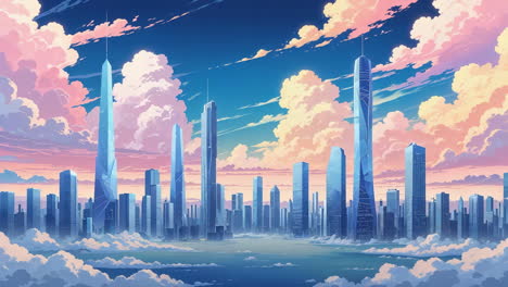futuristic city skyline with dreamlike sky and clouds
