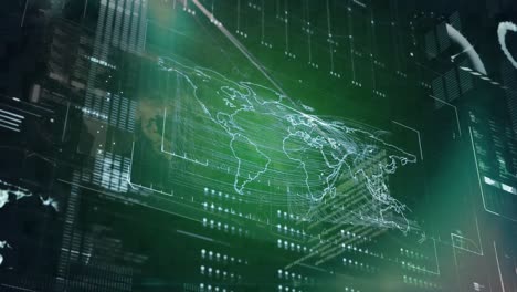 animación del procesamiento de datos sobre el mapa del mundo en una pantalla digital verde