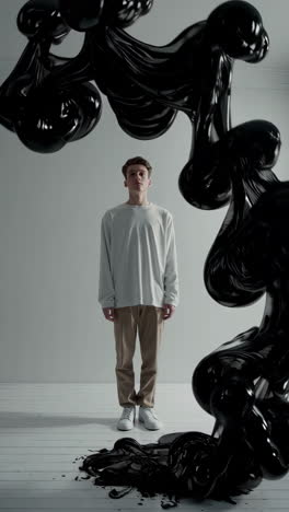 man in a white shirt and khaki pants with black ink