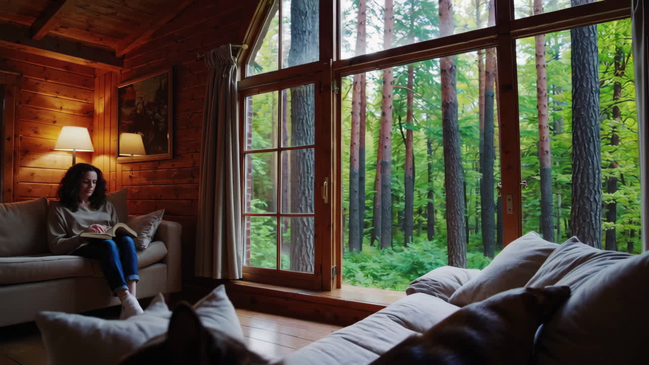 Woman and dog relaxing in a cozy wooden cabin