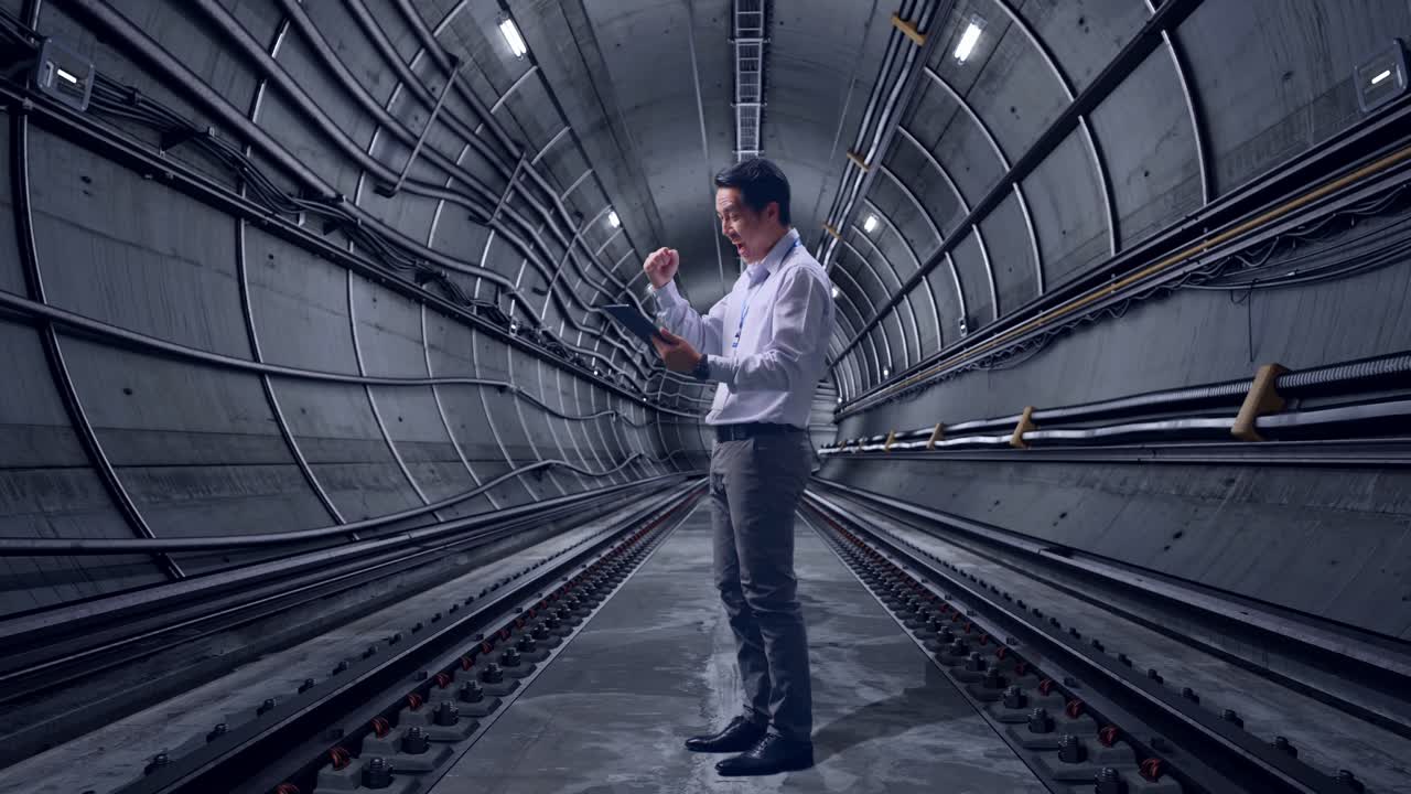 Full Body Side View Of An Asian Male Professional Worker Standing With His Tablet In Underground Subway Tunnel, He Raises His Fist Up With Screaming Goal