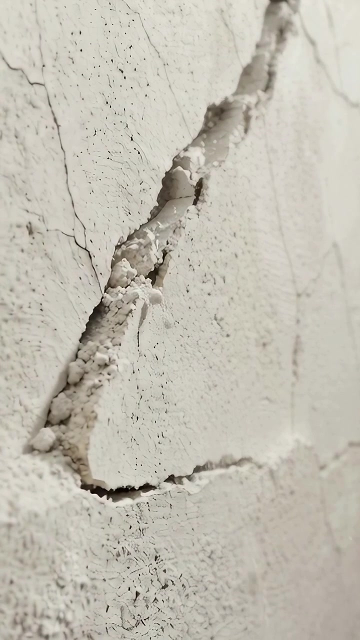 Vertical video: Loosening plaster chip making vertical crack sending dust on white wall with specks