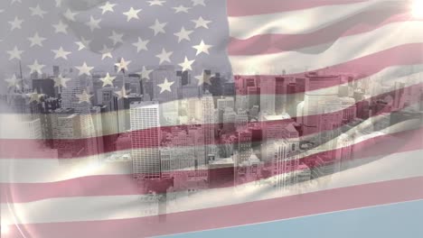 Digitale-Animation-Einer-Amerikanischen-Flagge,-Die-Im-Wind-Vor-Der-Stadt-Weht,-4K