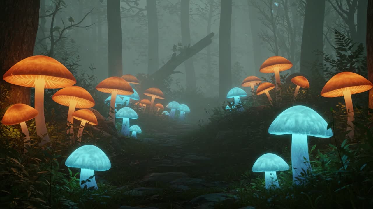 An Enchanted Forest Teeming with Bioluminescent Mushrooms: A Mesmerizing Journey through Vibrant Colors and Mystical Atmosphere in a Serene Woodland Setting