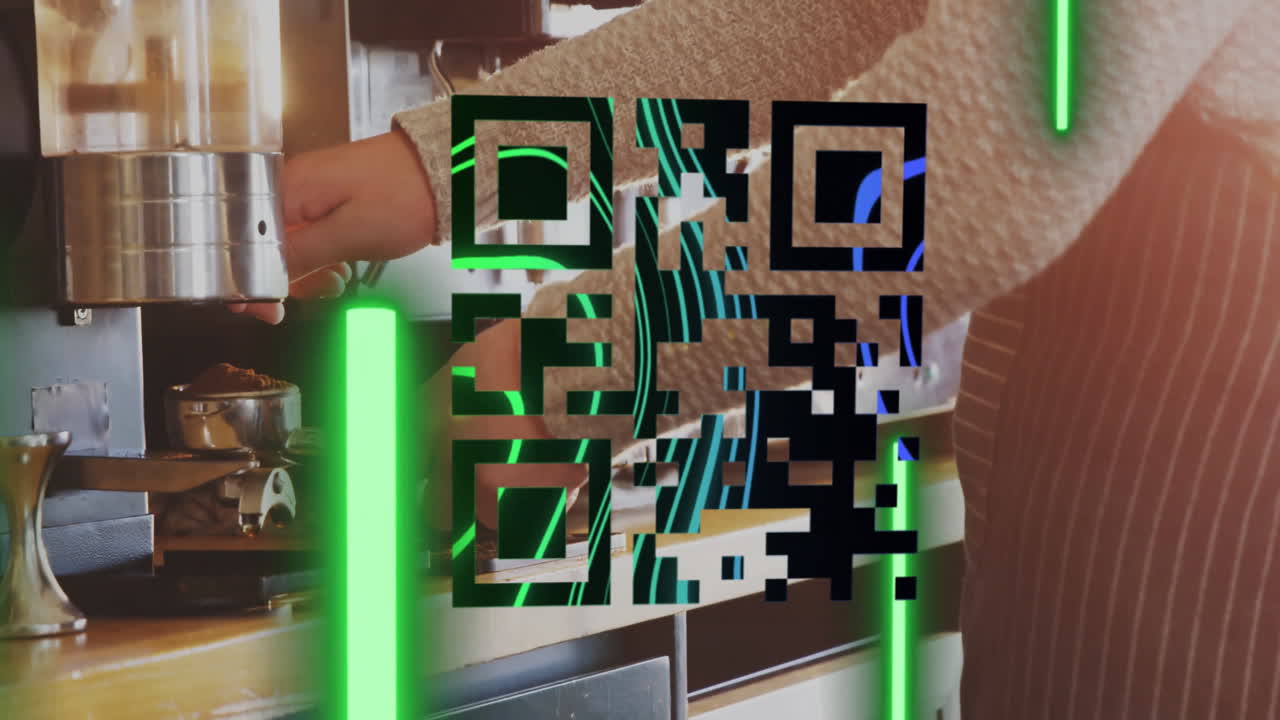 barista hand holding portafilter under espresso machine in café, with neon glitch and QR code tech
