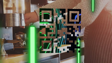 barista hand holding portafilter under espresso machine in café, with neon glitch and qr code tech