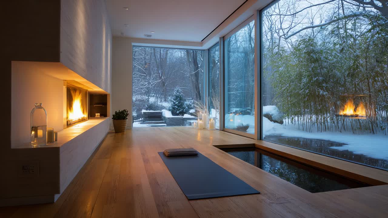 A serene winter retreat showcasing a minimalist indoor space designed for relaxation and mindfulness, featuring a cozy fireplace, tranquil yoga mat, and scenic views of a snowy landscape through expansive glass windows