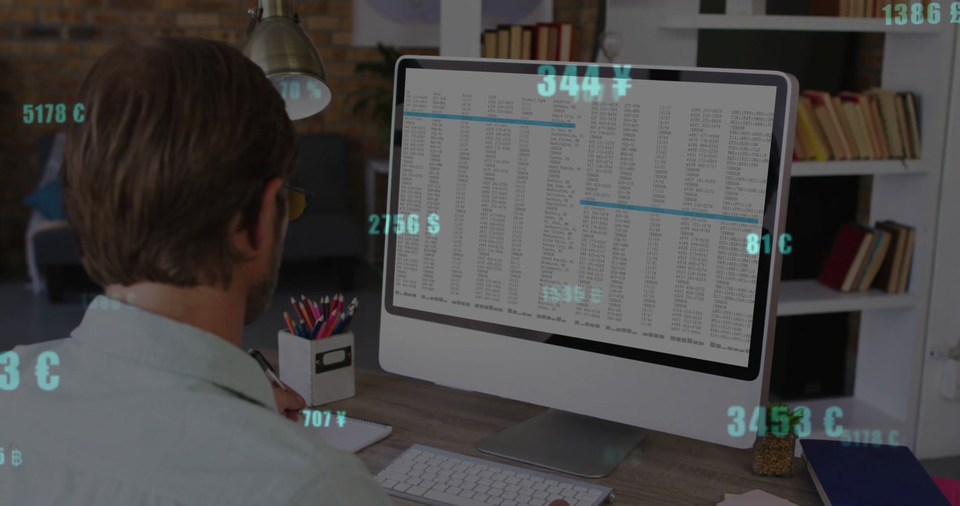 Man launching spreadsheet and tracking floating currency overlays reviewing live finance data