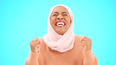 Muslim-woman,-happy-and-winning-celebration