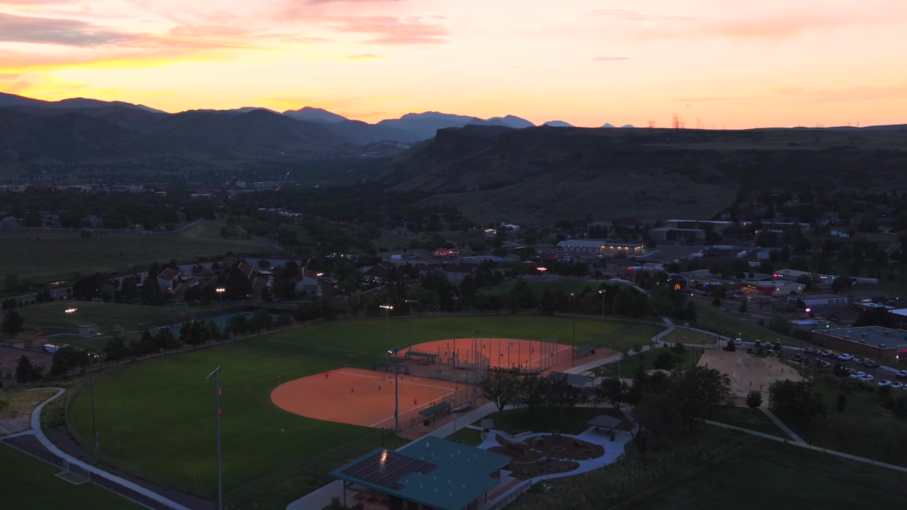 Ulysses Sports Complex Field Skatepark summer golden hour sunset City of Golden aerial drone Colorado Front Range foothills Rocky Mountains Clear Creek Canyon South Table Mountain circle left pan up