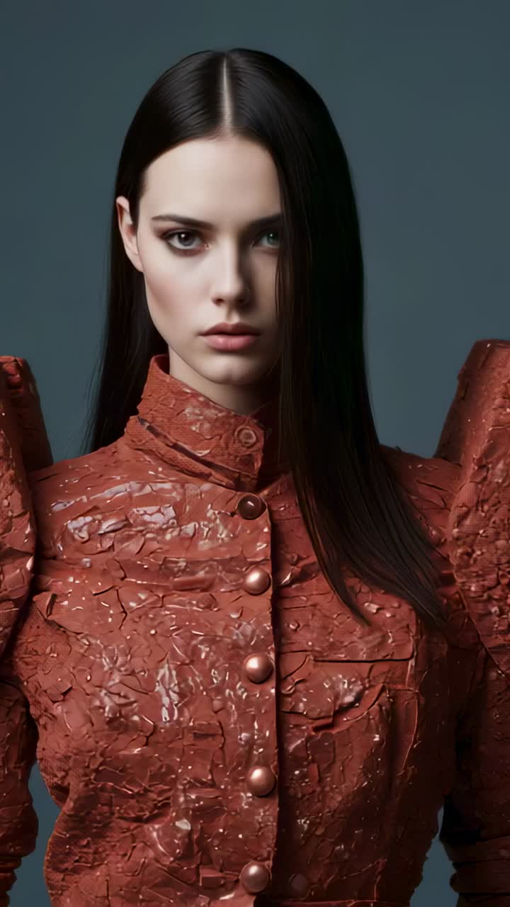 Vertical video: Recording model rotating in studio, showcasing rust-red jacket with shoulder blocks