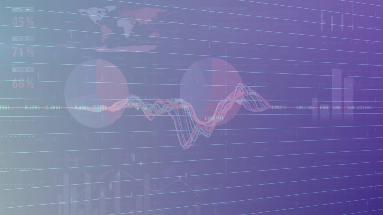 Animation of financial data processing over blue background