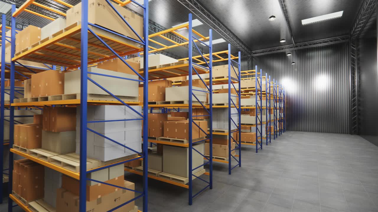 almacén con cajas de cartón en el interior en estantes de paletas, centro logístico. loft almacén moderno. cajas de cardboard en una cinta transportadora en un almacén, animación de renderización 4k 3d.
