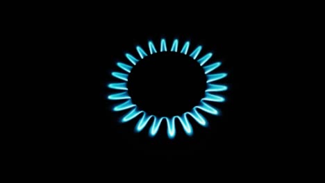 burning gas stove hob, blue flames macro close-up in the dark on a black background. gas is switching on, apearing blue flame. gas stove on isolated on a black background.