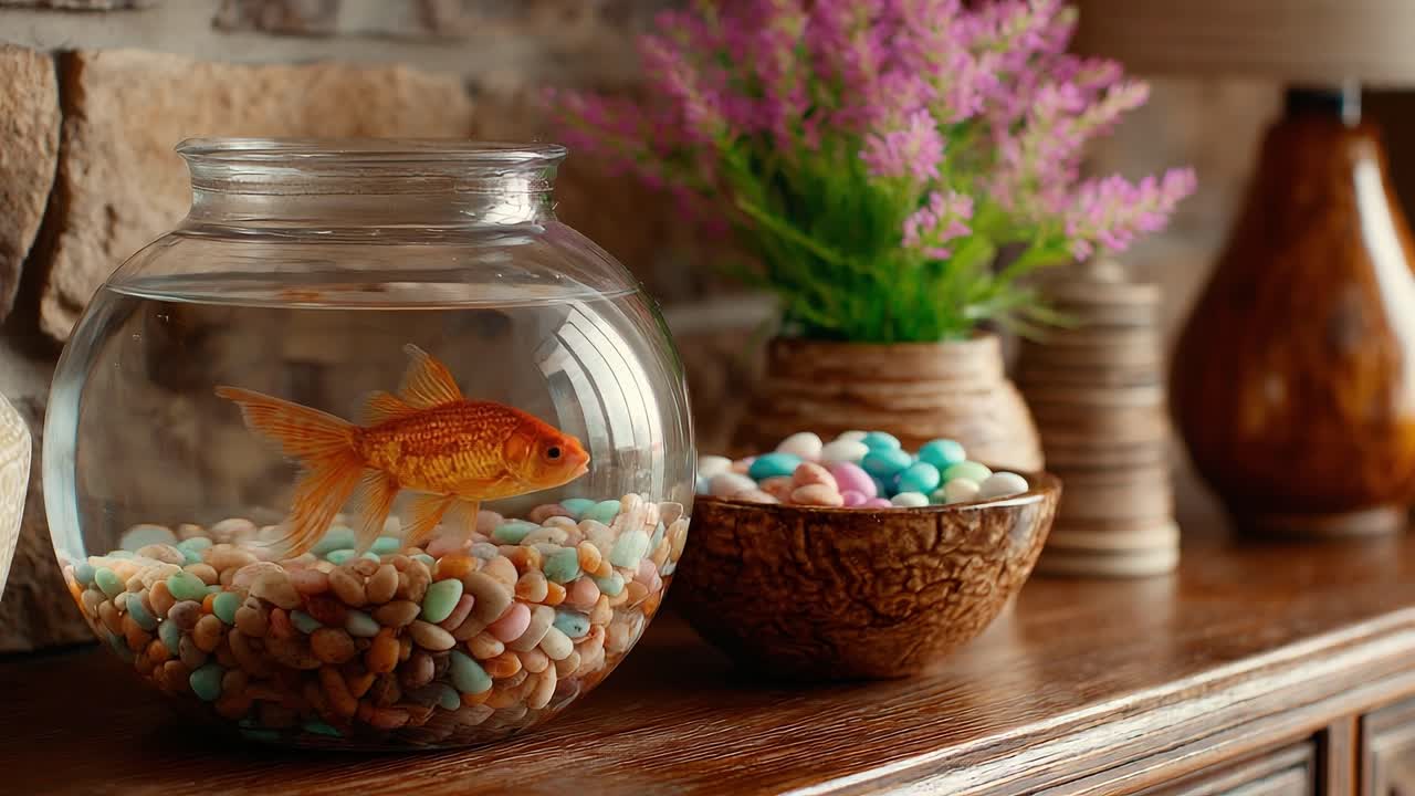 A Beautiful Goldfish Swimming Gracefully in a Round Glass Bowl Decorated with Colorful Pebbles and Surrounded by Lush Greenery in a Cozy Living Room Setting