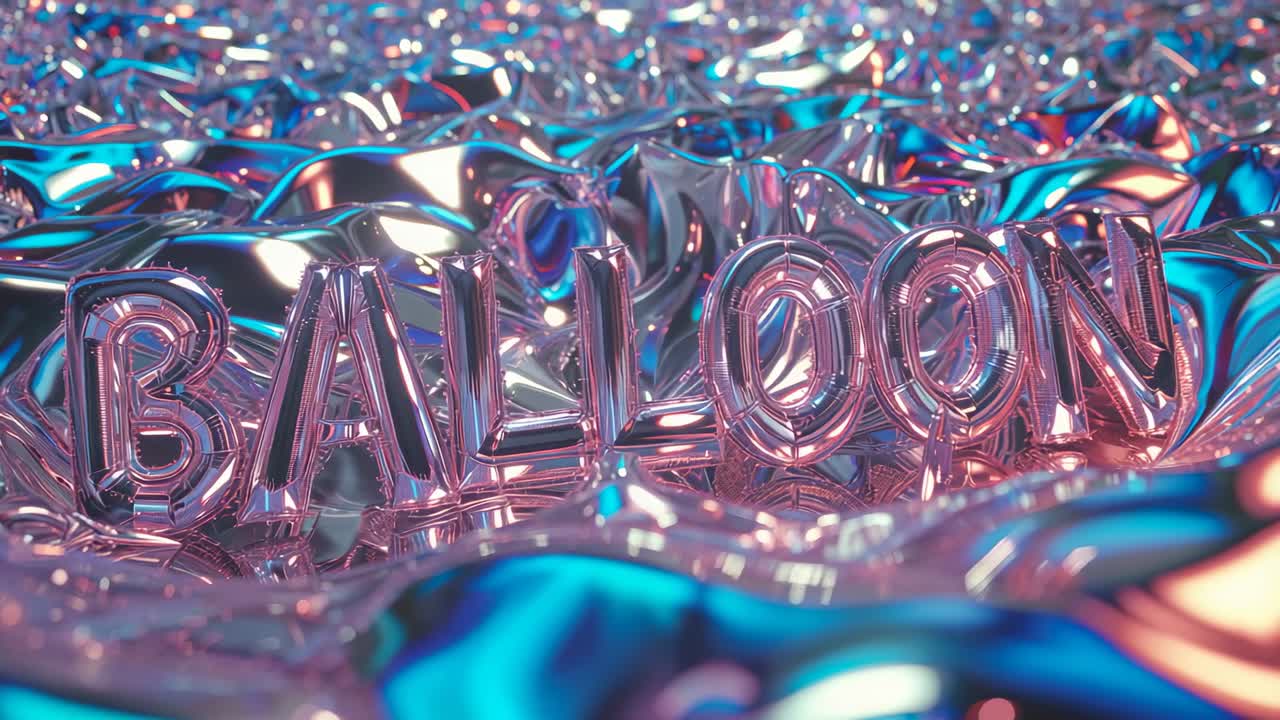 Shifting colored lights causing metallic balloon letters rising and gleaming on crumpled foil plane