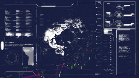 Animation-of-globe-with-data-processing-over-dark-background