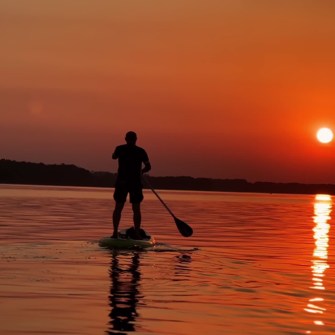 Sup boarding on the calm river at sunset. Male black silhouette standing on the board and rowing with a paddle. Vertical video