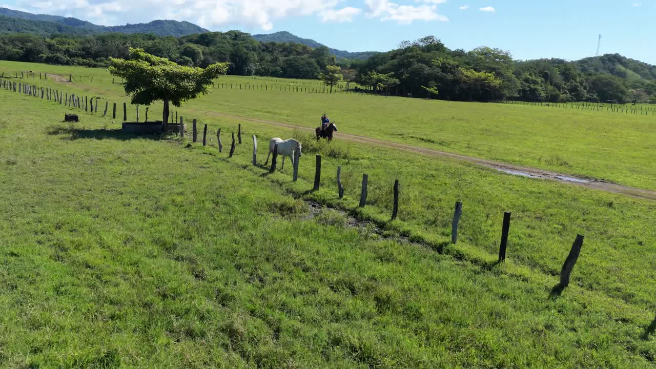 Vista aérea de una persona montando a caballo en un camino de tierra