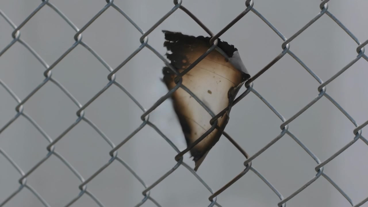 Shifting charred fragment rotating and tearing on chain-link fence under breeze, showing ash