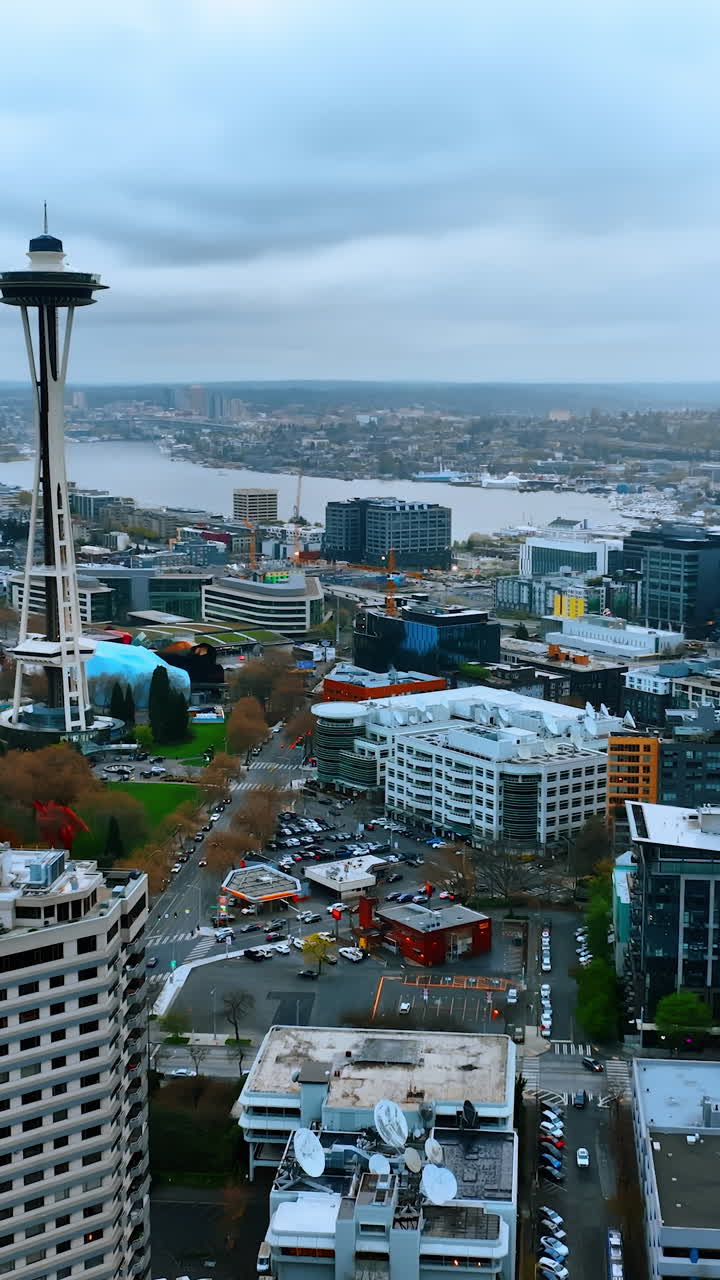 Seattle city aerial view with modern buildings. Washington state cityscape. Vertical video