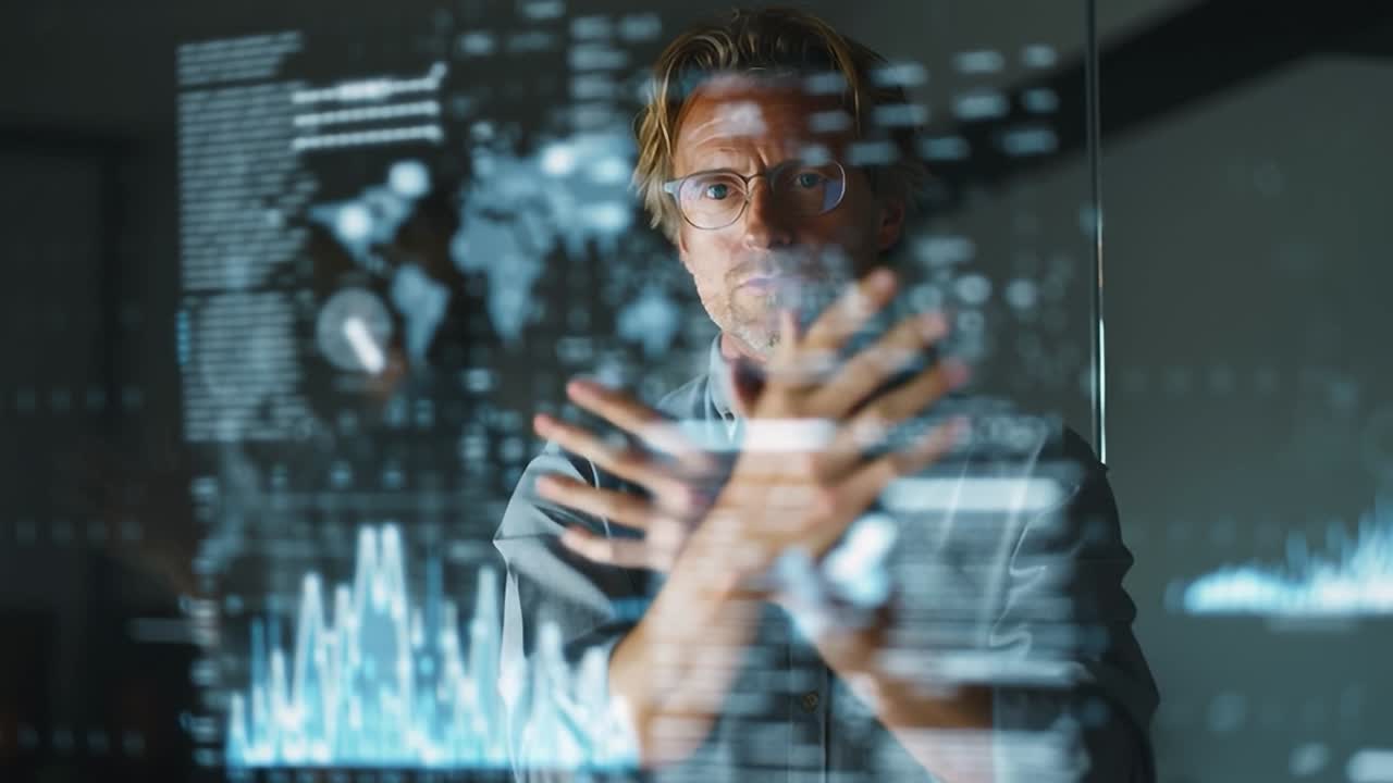 Business professional presenting data and analytics in a modern office