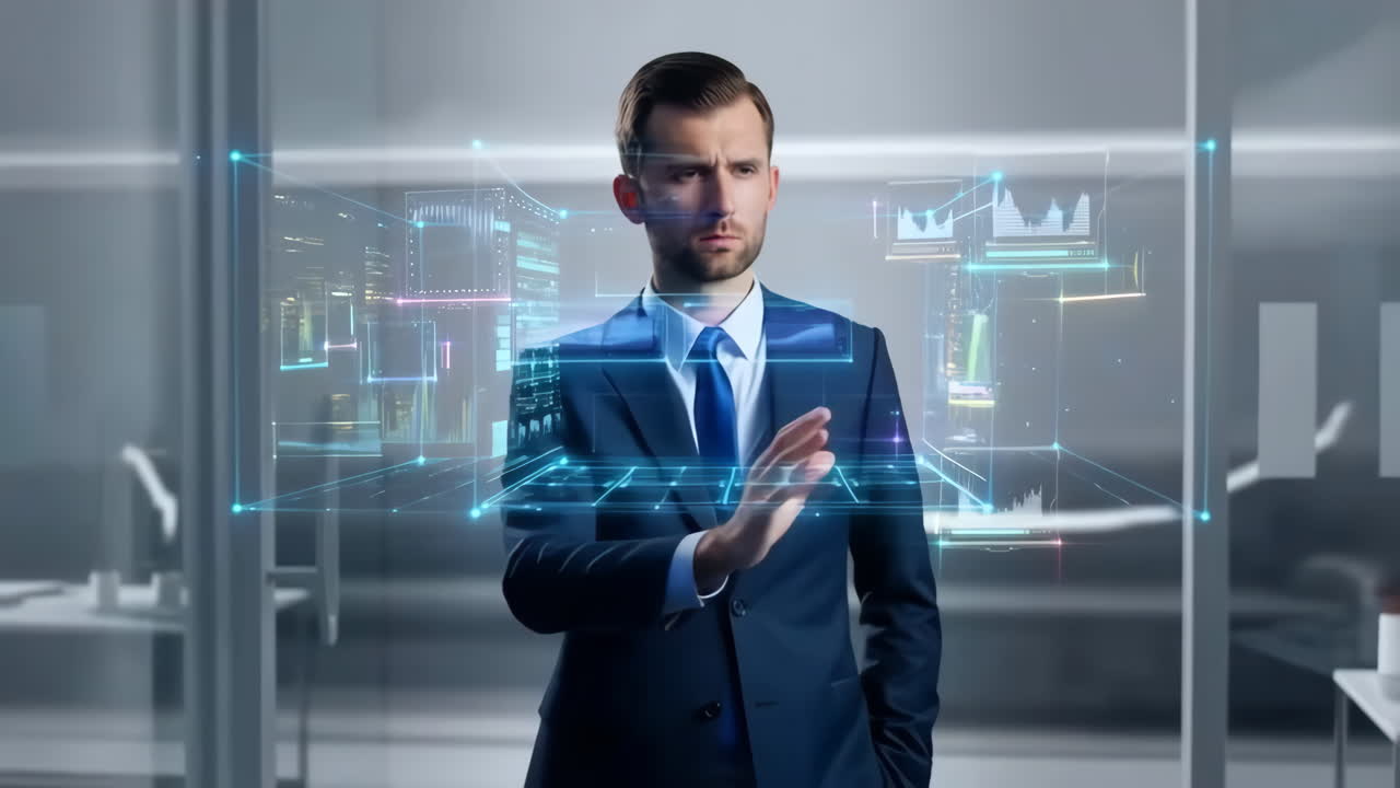 Businessman interacting with futuristic data visualization