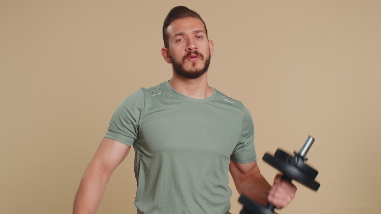 Athlete sportive man say no hold hand palm in stop gesture warning of finish do not be afraid