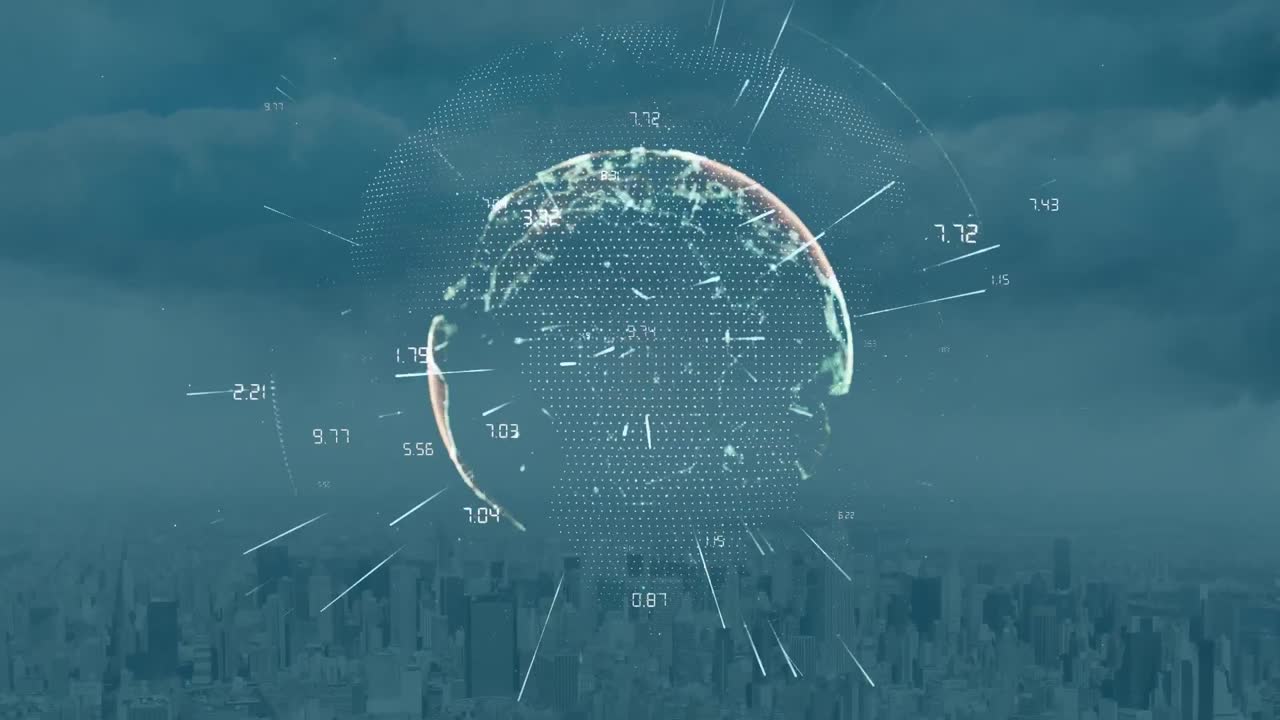 파란색 배경에 연결 네트워크와 도시 풍경을 가진 지구의 애니메이션