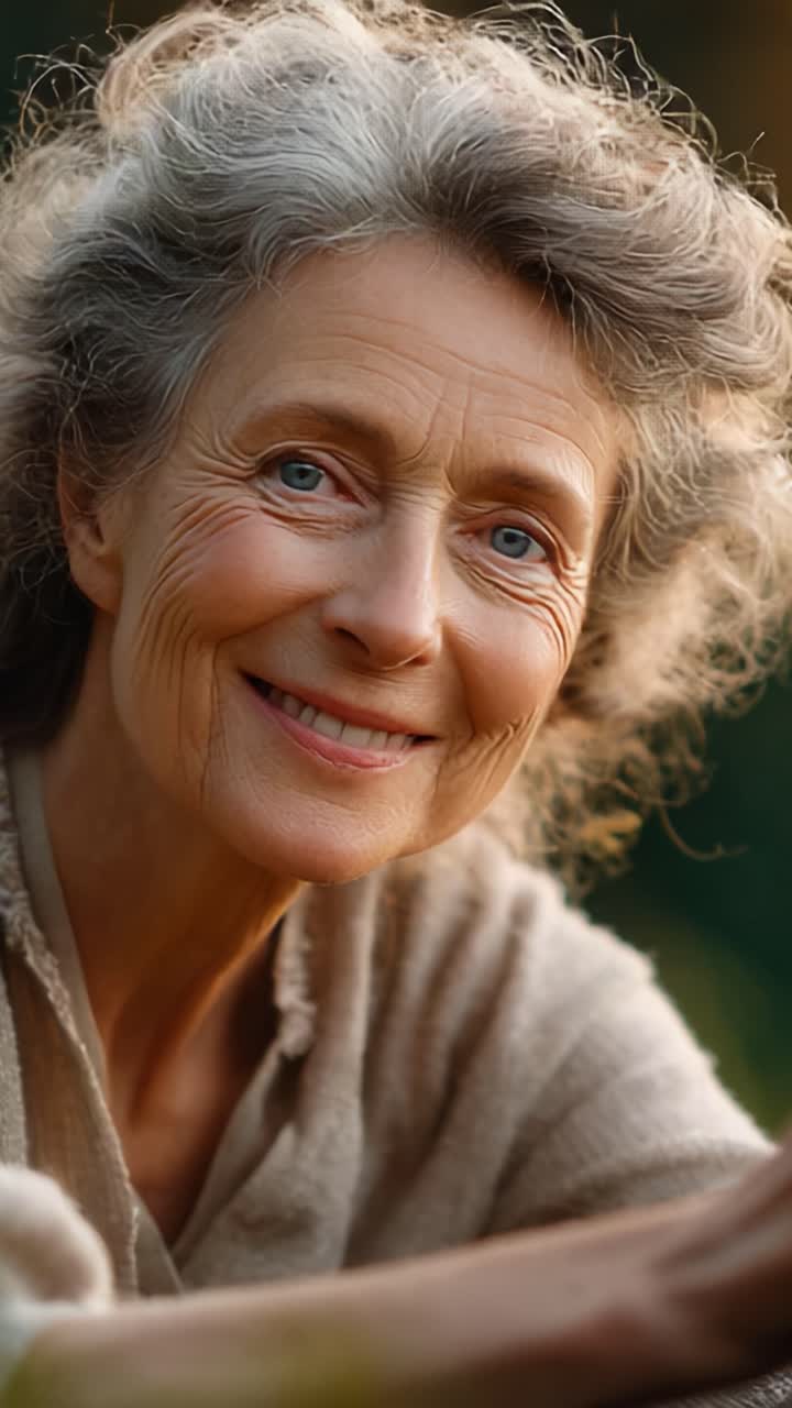 A Heartwarming Portrait of Resilience: An Elderly Woman with Radiant Smile Embraces Life's Beauty with Grace and Wisdom in a Natural Setting