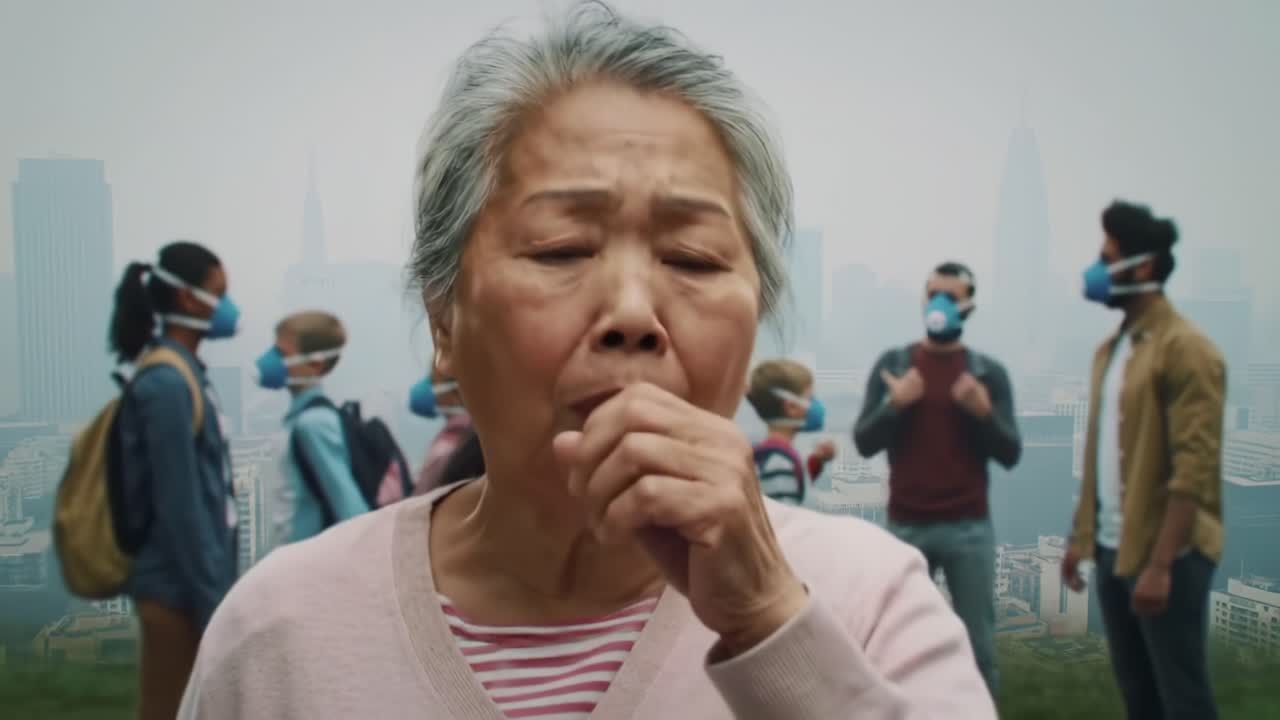 Aging Resilience: An Elderly Woman's Experience Amidst City Life and Smoky Skies Depicted in a Powerful Moment of Reflection and Connection with Surrounding Youth