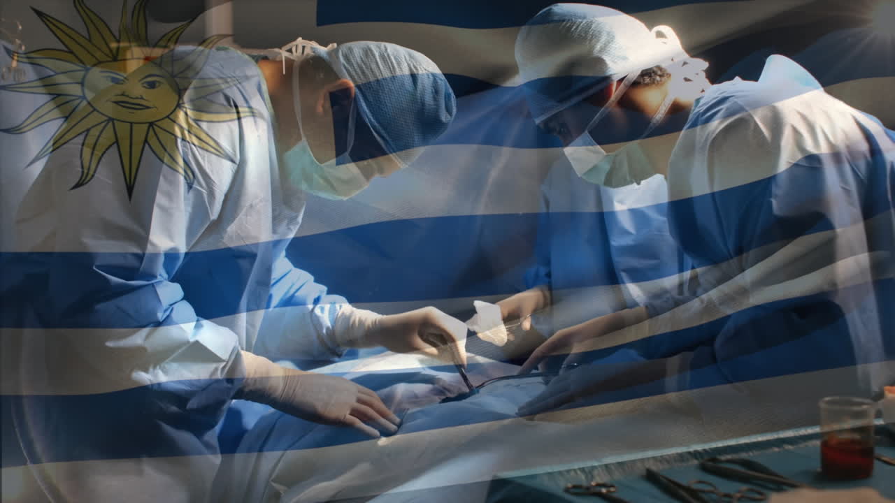 수술실 에 있는 외과 의사 들 위 에 우루과이 의  ⁇ 발 이 흔들리는 애니메이션