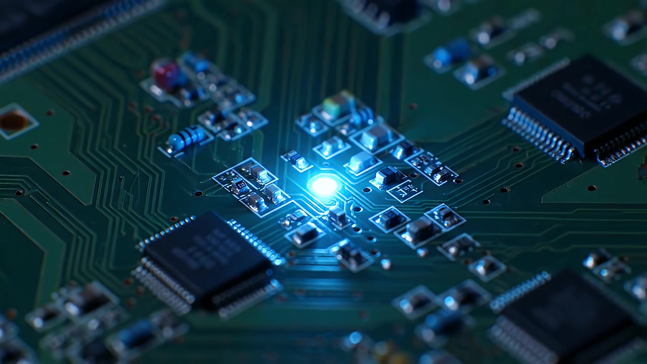 Glowing Blue LED Light on a Computer Circuit Board