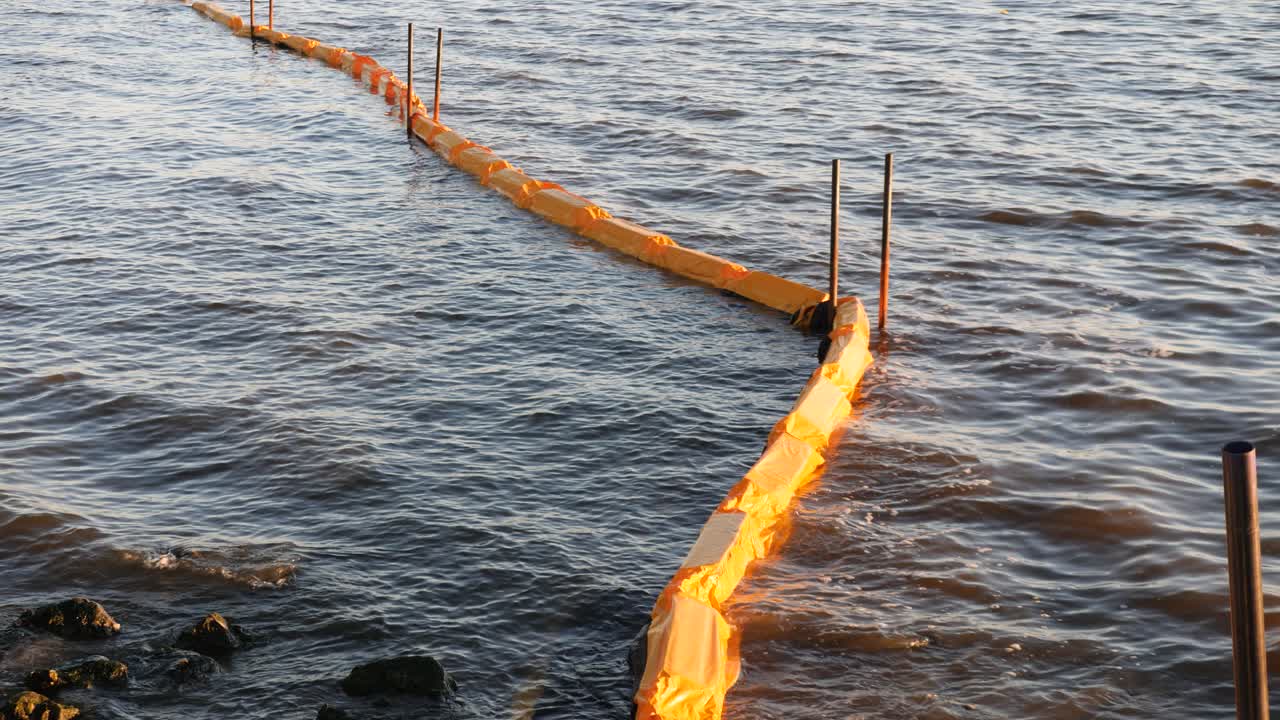 바다에서 떠다니는 보호 해안 장벽, 금속 막대기로 유지됩니다.