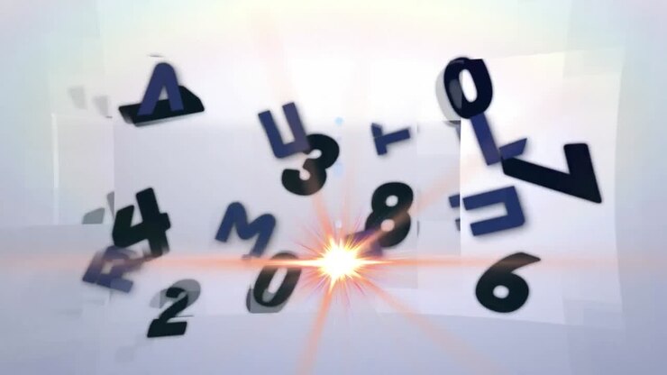 Animation of changing black numbers and letters and moving orange light on grey background
