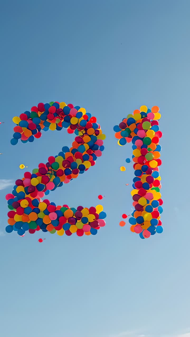 Vertical video: Rising 21 balloon cluster buoyed into blue sky, ties loosening, balloons drifting