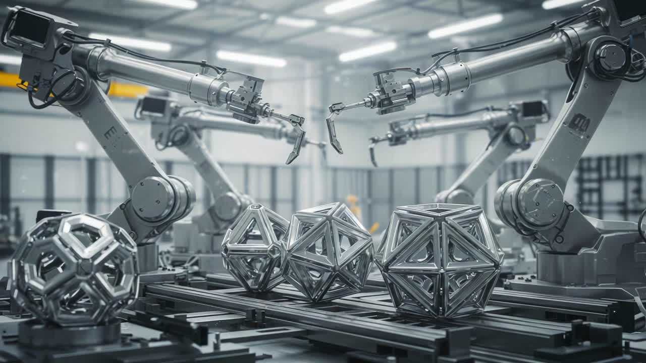 Advanced Robotic Arms in a High-Tech Factory Environment Assembling Complex Geometric Shapes with Precision and Efficiency, Showcasing the Future of Automated Manufacturing