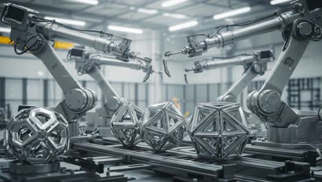 advanced robotic arms in a high-tech factory environment assembling complex geometric shapes with precision and efficiency, showcasing the future of automated manufacturing
