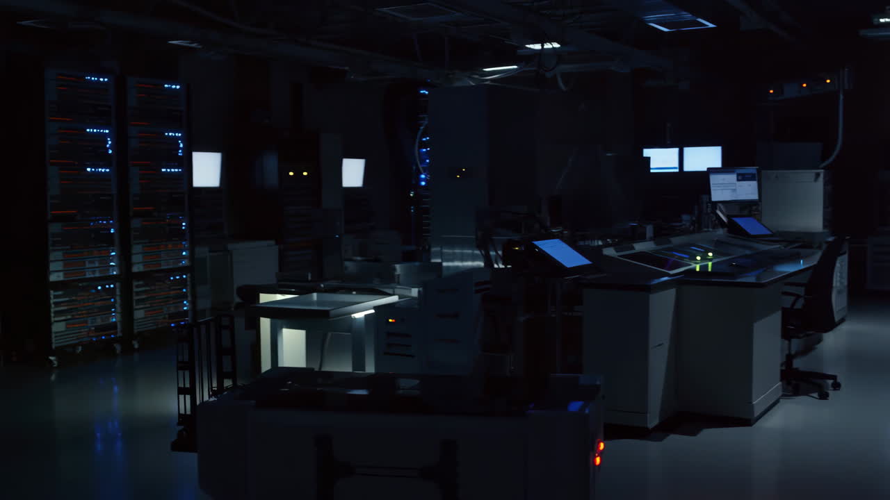 Dark High-Tech Server Room with Glowing Monitors and Control Consoles