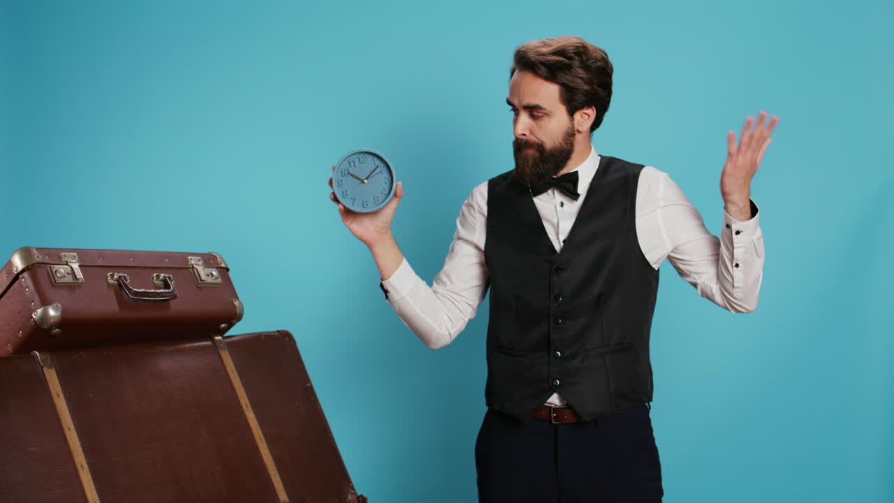 Hotelmedewerker controleert de tijd op wacht.