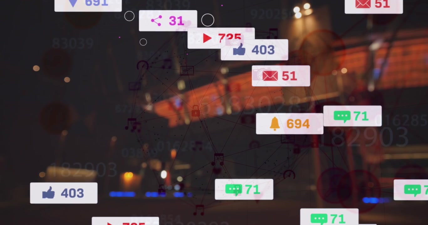 Animation of social media icons and numbers over cityscape