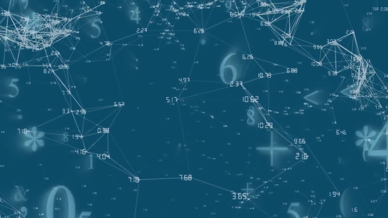 Mathematical symbols moving against network of connections