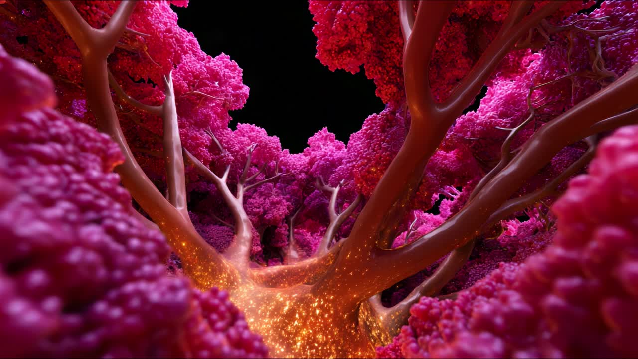 Un viaggio vivace attraverso una splendida foresta fantasy con lussureggianti alberi rosa illuminati da luci scintillanti in un'atmosfera incantevole e oscura