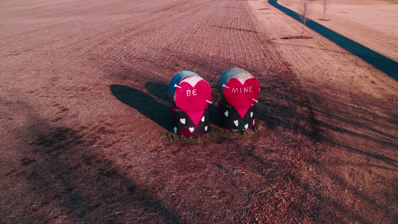 Romantic Heart-Adorned Hay Bales in a Rustic Illinois Farm Setting