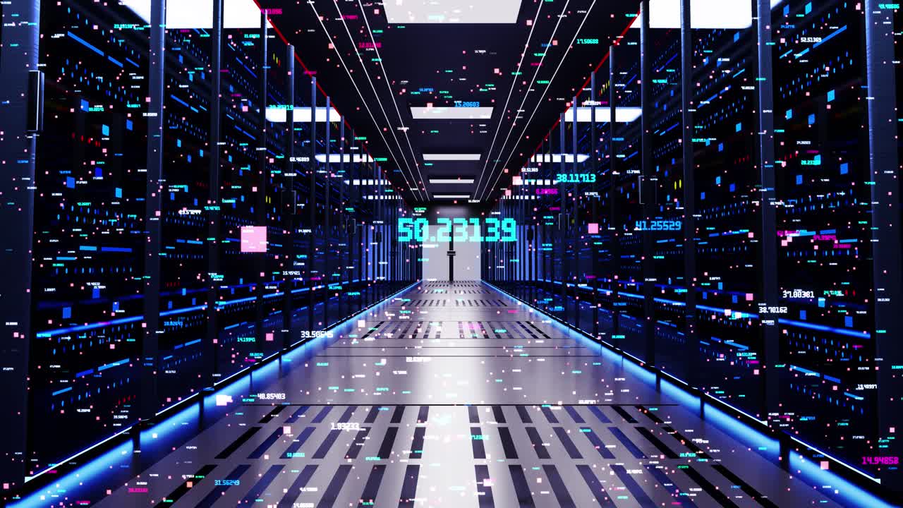 3d 4k network number and data power servers glass panels in a server room data center or isp loop