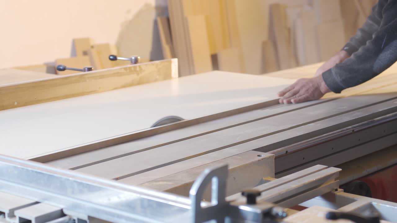 el carpintero está cortando madera con una motosierra.