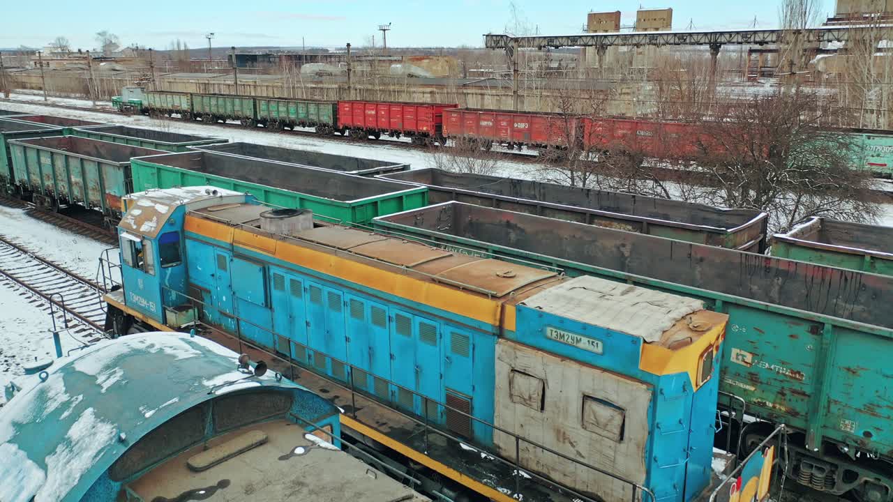 Container Freight Train On Station. Station with freight trains and containers in aerial view