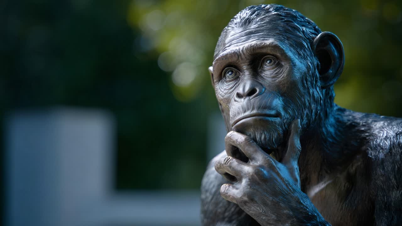 A Thoughtful Sculpture of a Primate, Capturing the Essence of Reflection and Curiosity in a Nature-Inspired Setting