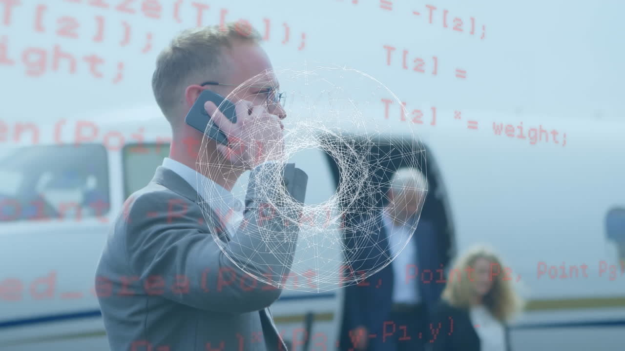 animación del globo y procesamiento de datos sobre hombre de negocios usando teléfono inteligente por avión
